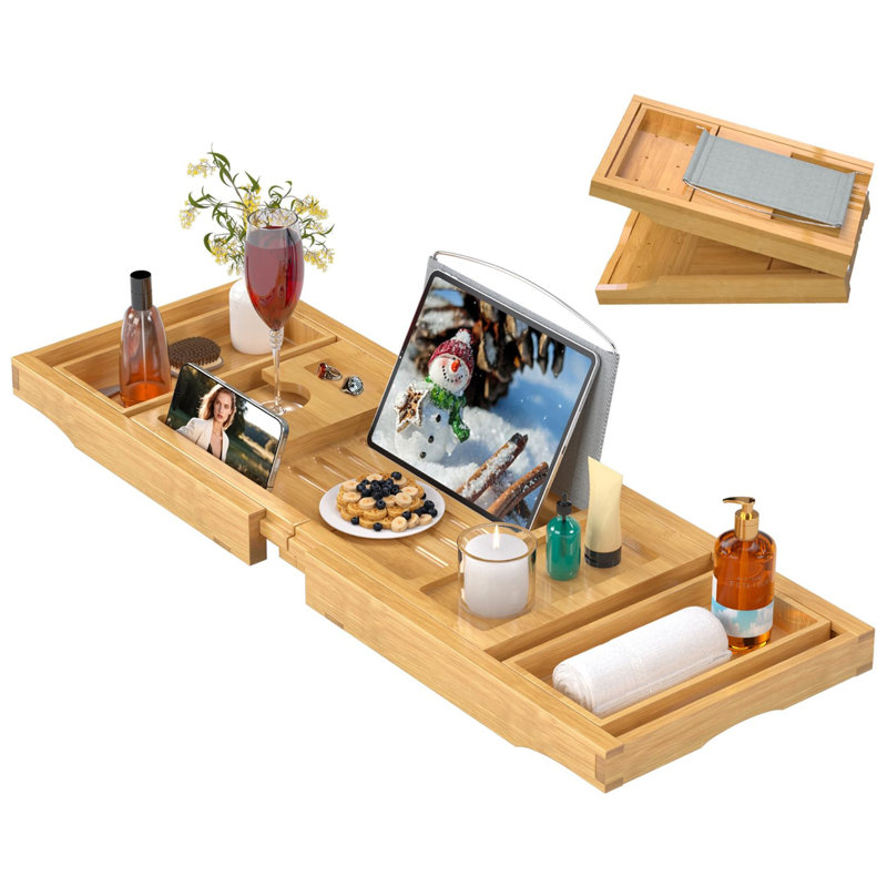 Foldable Bath Table Trays with Non-Slip Pads, Natural