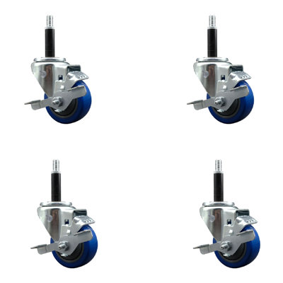 3 Inch Blue Poly Swivel 3/4 Inch Expanding Stem Caster Set with Brake SCC -  Service Caster, SCC-EX20S314-PPUB-BLUE-TLB-34-4