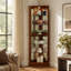 Armoire de coin avec lumières, tablettes réglables en verre trempé, fond en miroir, noyer-837506010