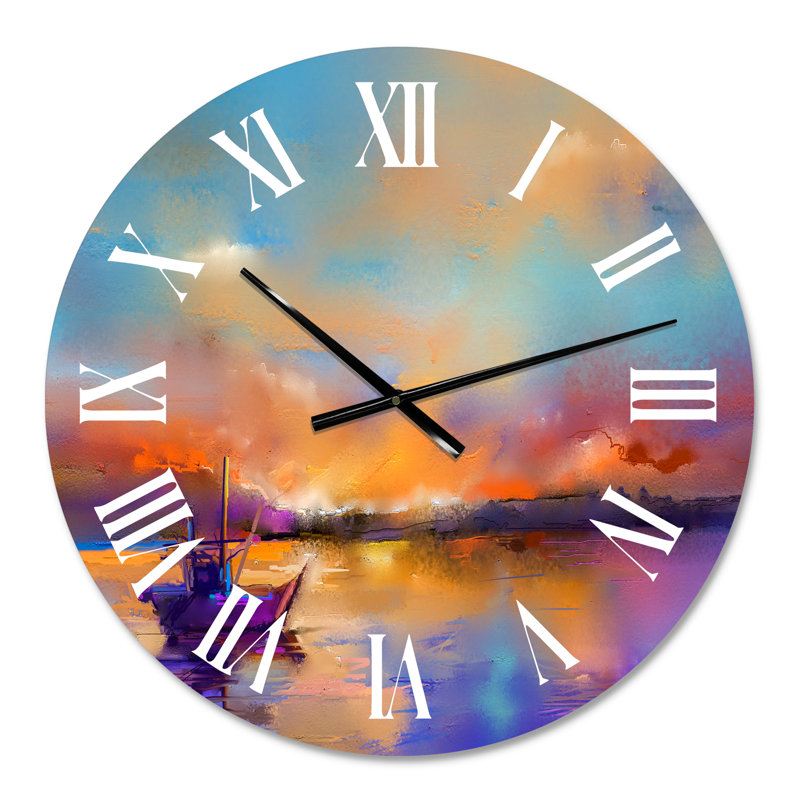 Purple Sunset Seascape With Little Ship At The Horizon Horizon I - Modern wall clock, Medium