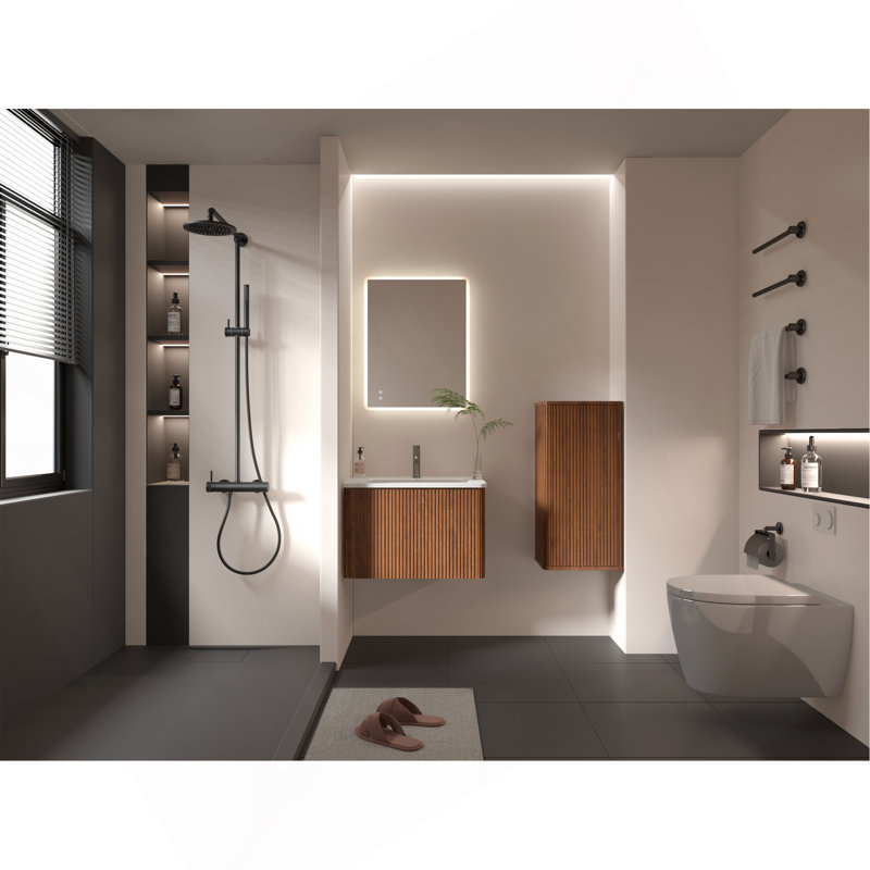 Stylish Striped Walnut Bathroom Floating Side Cabinet For Small Spaces, Wall-Mounted Storage Solution.