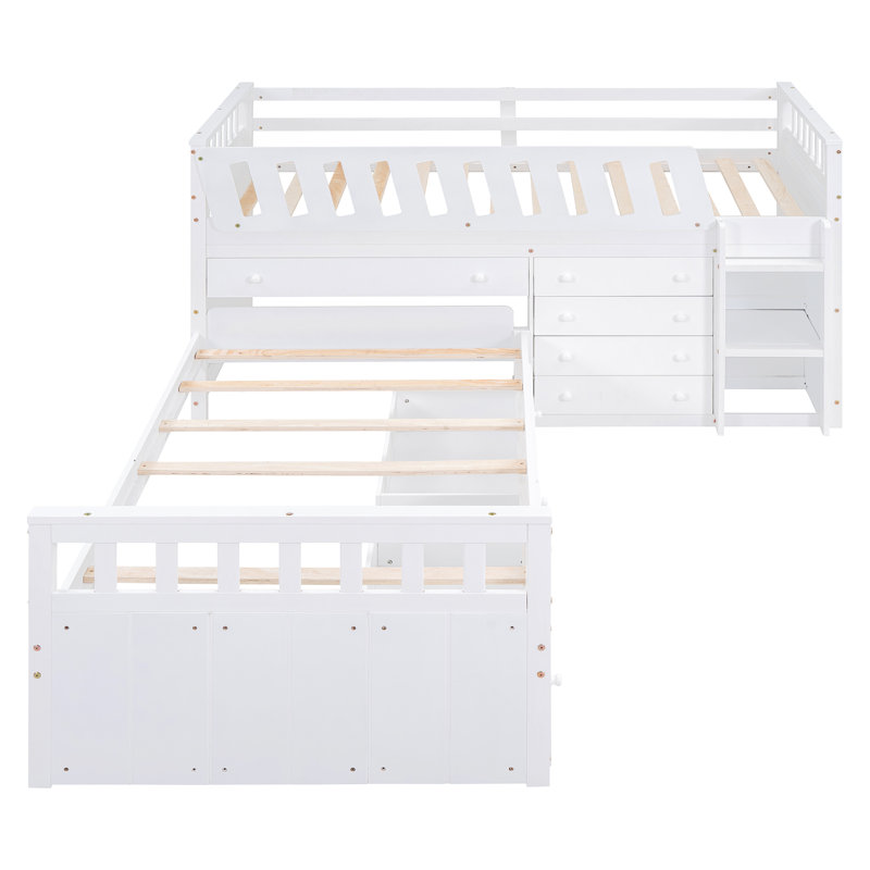 L-Shaped  Space-Saving Twin Loft And  Twin  Platform Bed With 7 Drawers And Full Guardrails(WHITE)