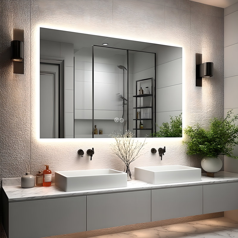 Anti-Fog & 3-Color Temp Dimmer Memory LED Mirror - Tempered Glass, ETL, 48" x 32"