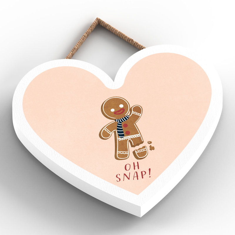 Xmas Oh Snap Gingerbread Wooden Heart Plaque, 10cm H x 9cm W x 0.5cm D