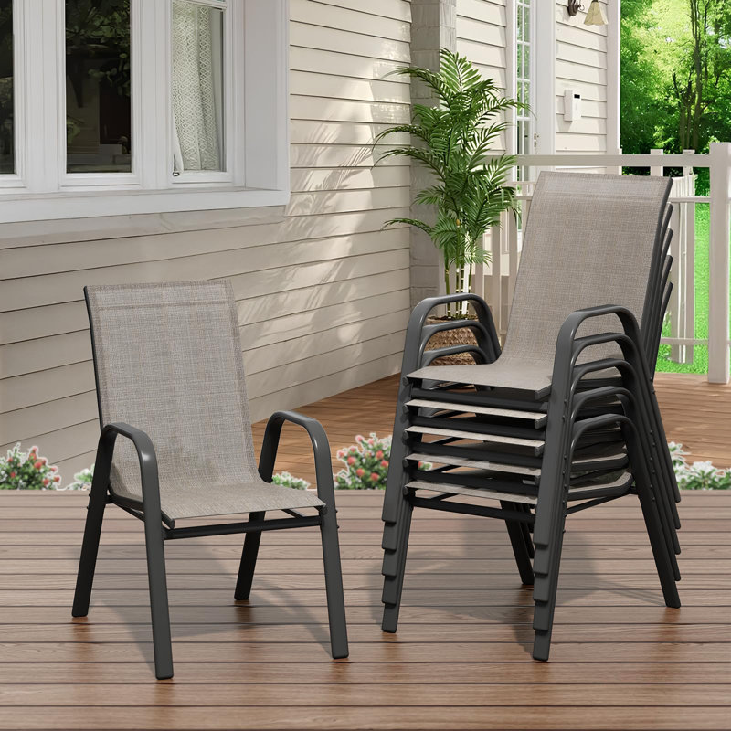 Stackable Patio Dining Chairs Set of 6 – Outdoor All-Weather Textilene Chairs with Armrests, Lightweight, High Back, for Deck, Garden, Poolside, Balcony – Spray Plastic & Brown 2x1 Textilene, 6 Pieces