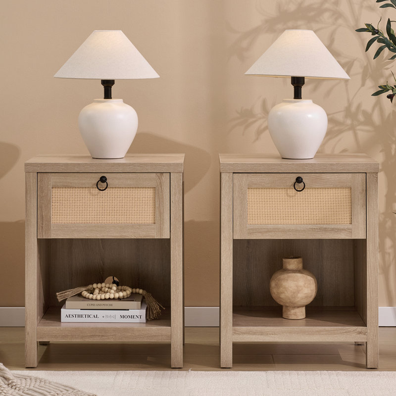 Set Of 2 Farmhouse Rattan Nightstands, Boho Bedside Tables With Drawer And Open Storage, Cane Accent Side Tables, Light Oak