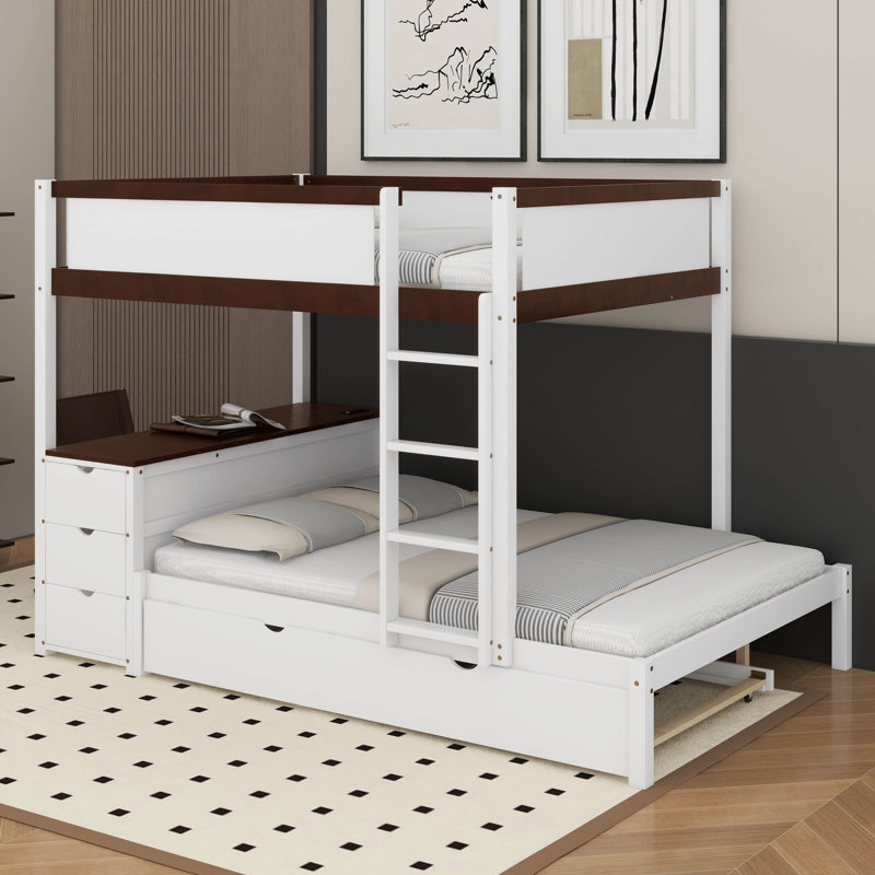 Lit superposé double avec lit gigogne simple, rangement et bureau, Blanc/noyer