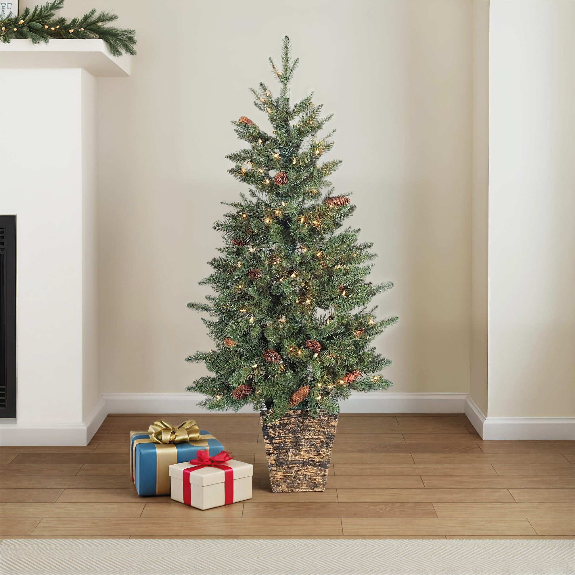 Charming 4 Foot Potted Natural Cut Georgia Pine With Pinecones In Fiberglass Pot