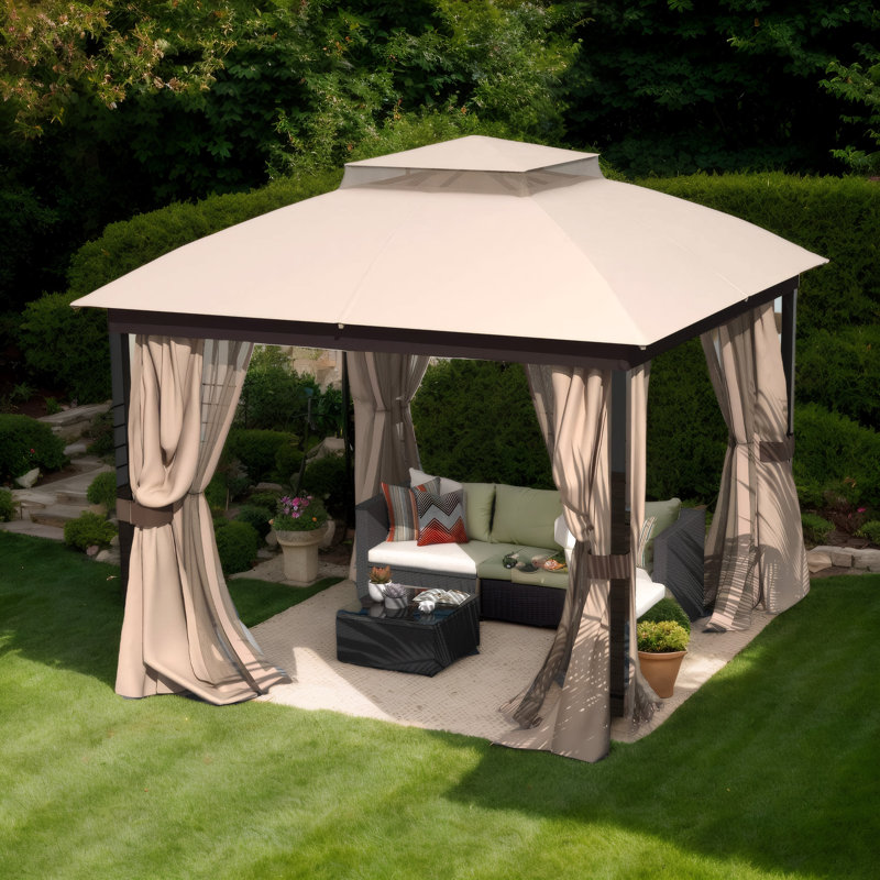 Heavy Duty 10x10FT Metal Gazebo with Mosquito Net & Sunshade Curtains, Double Roof Canopy for Patio, Backyard, Garden - Galvanized Steel Outdoor Tent