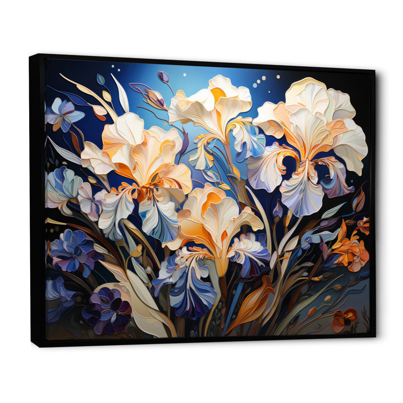 " Yellow Blue Irises Iris Dance ", 24" H x 32" W x 1" D, Black Floater Framed