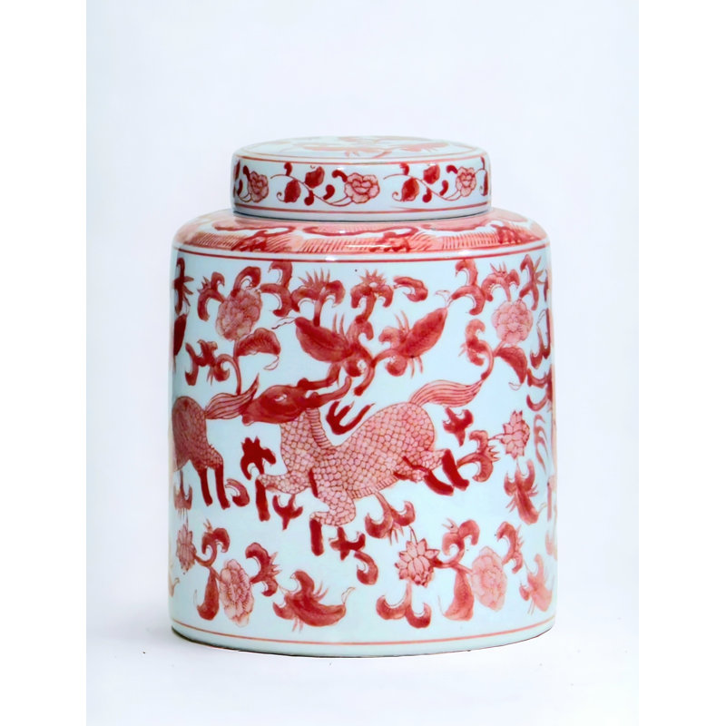10" Porcelain Ginger Jar with Chinoiserie Deer Design, Red/White