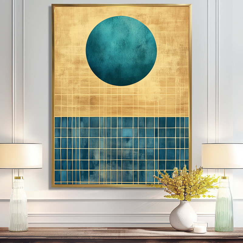 Toile bleu sarcelle, art solaire moderne Mid-Century, H 40 po x l 30 po, Cadre flottant doré