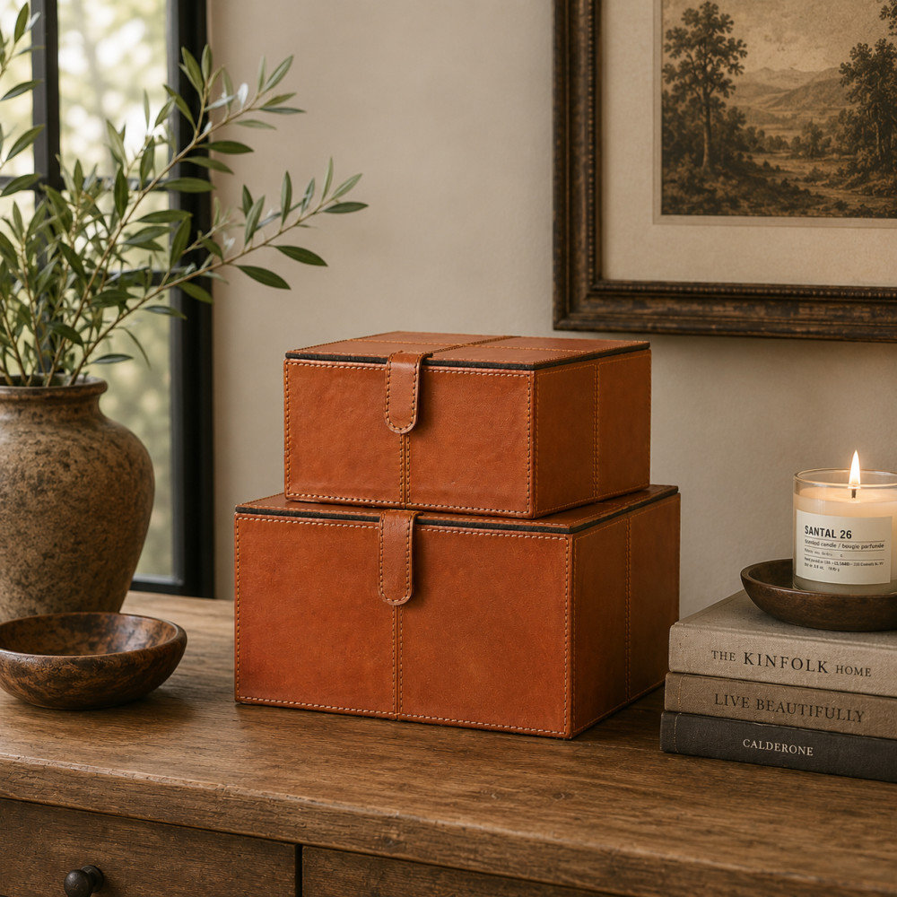 Brownsburg Faux Leather Box Set, 6.05" H x 10.15" W x 9.9" L, Cognac Brown