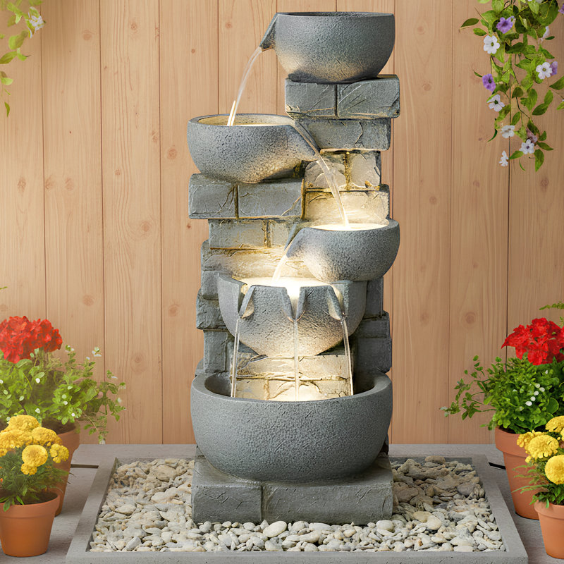  Modern 33" Tall Outdoor Water Fountain, Large 5-tier Cascading Bowls Waterfall Fountain With Led Lights, Stone Texture Floor-standing Resin Water Feature For Deck, Patio, Backyard & Indoor