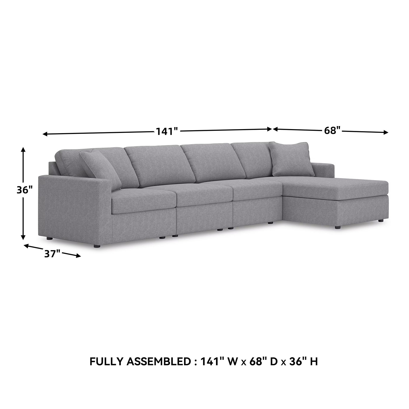 Bulwell Sectional With Chaise, 36" H x 140" W x 68"D, Right Hand Facing, Gray Polyester