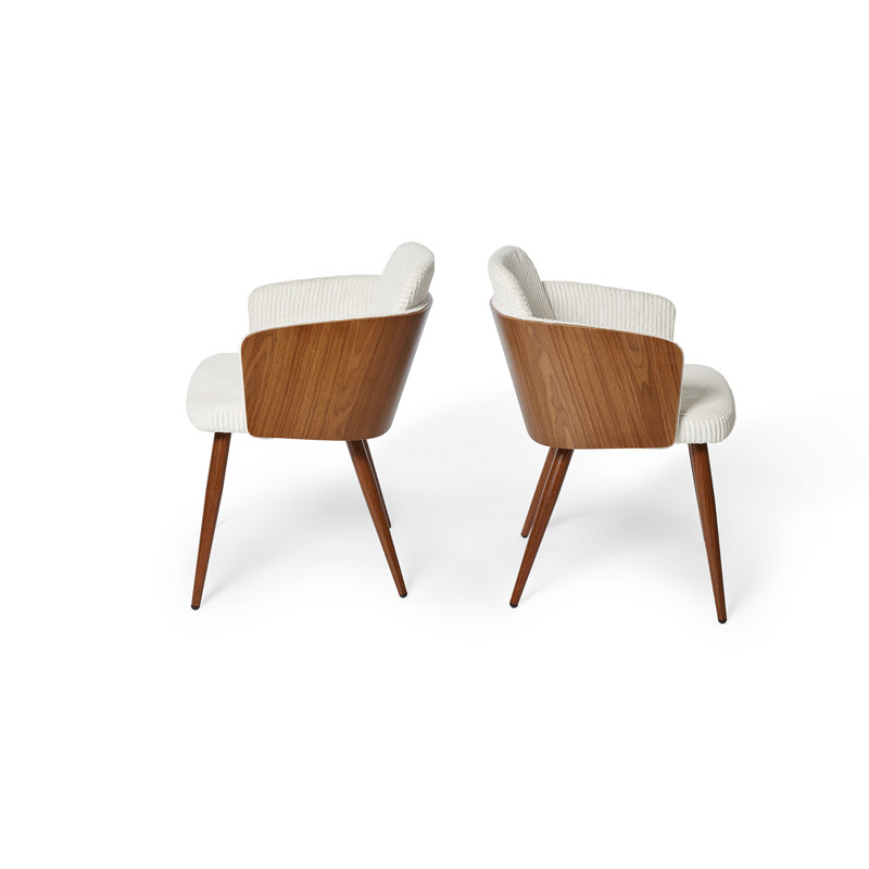 Chic Upholstered Dining Armchair Corduroy White, Metal Frame, Solid Backrest, Walnut Color