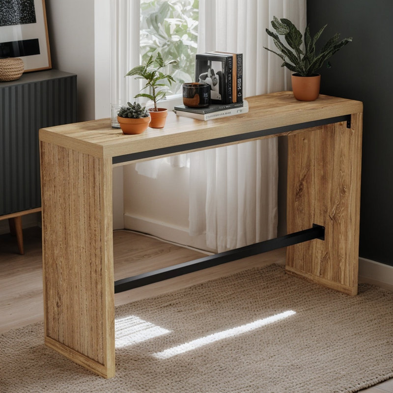 55" Rectangular Counter Height Pub Table with Metal Footrest, Modern Bar Table for Home Bar