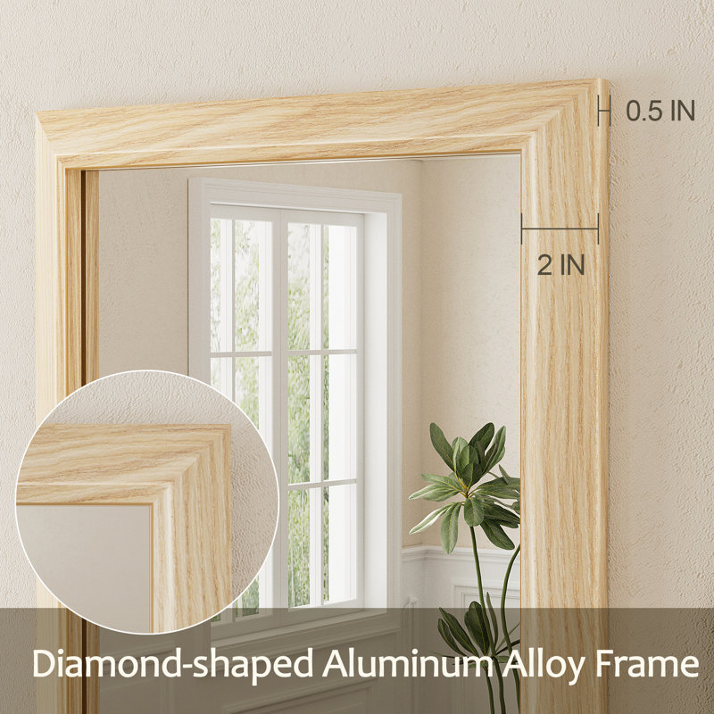 Amara Tempered Glass and Aluminum Alloy Framed French Cleat Mounted Wall Mirror, 40" x 36", Light Yellow Wood