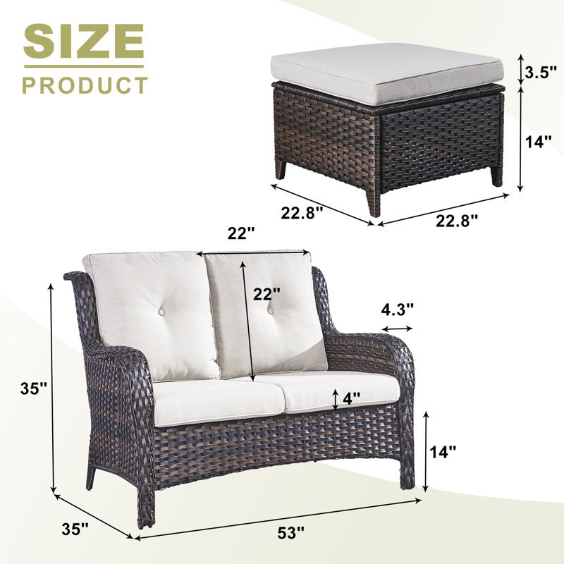 Bonia 52.7" Wide Outdoor Loveseat with 2 Ottomans and Cushions, Beige, Brown