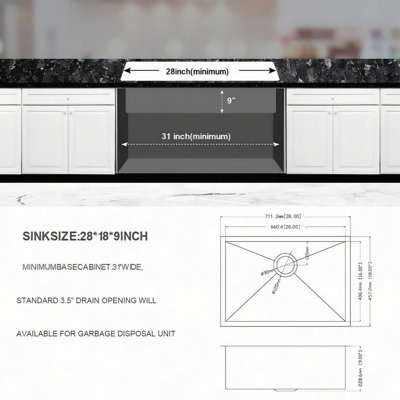Évier de cuisine encastrable 28 po - Évier de cuisine encastrable 28 po x 18 po x 9 po en acier inoxydable de calibre 16 de 9 po de profondeur, évier de cuisine inclus (sans accessoires supplémentaires)