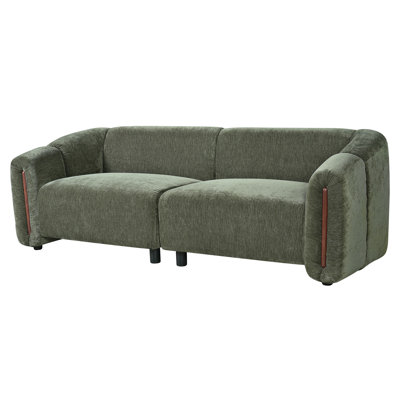 Canapé 3 places Gannon de 221 cm de large, moderne, en tissu texturé, avec une silhouette géométrique incurvée, une assise profonde et des détails en bois.