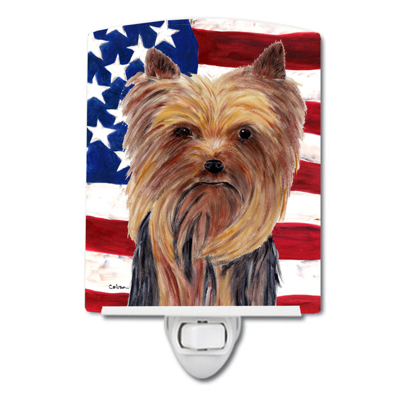 Drapeau américain avec éclairage en céramique terrier fox american, Yorkie