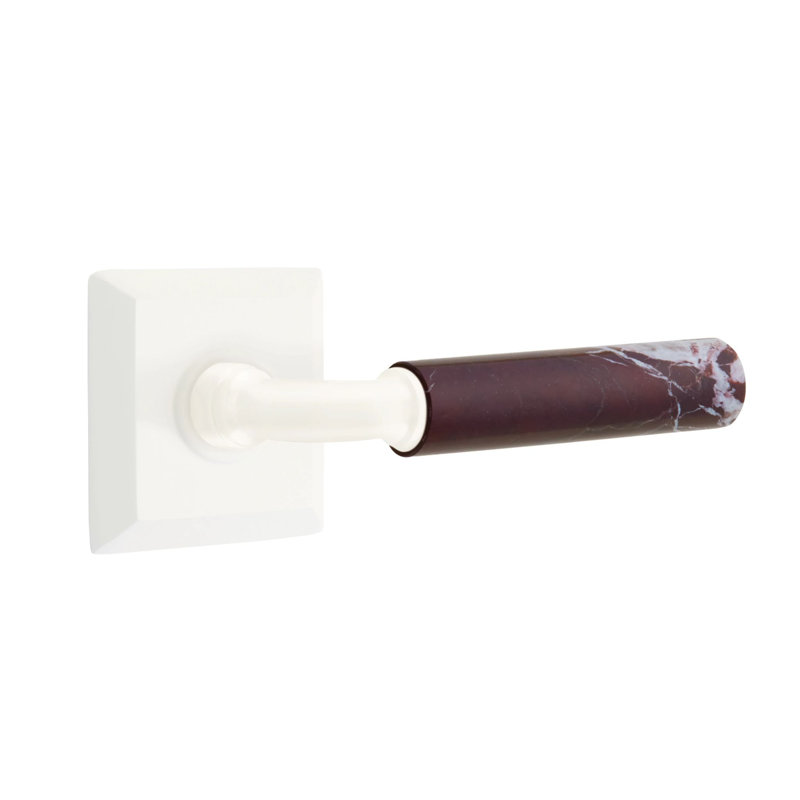 Ensemble de faux levier Emtek Select avec rosette Quincy et tige R-Bar, levier en marbre Rosso Levanto, Blanc mat