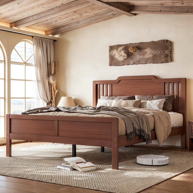 Lit plateforme double avec tête de lit haute, cadre de lit en bambou massif avec lattes de soutien, idéal pour une chambre à coucher ou une chambre d'amis, brun chaud