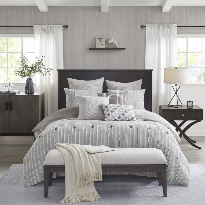 Essence Oversized 100% Cotton Clipped Jacquard Comforter Set, King Comforter + 5 Shams + 3 Throw Pillows, Gray/Ivory