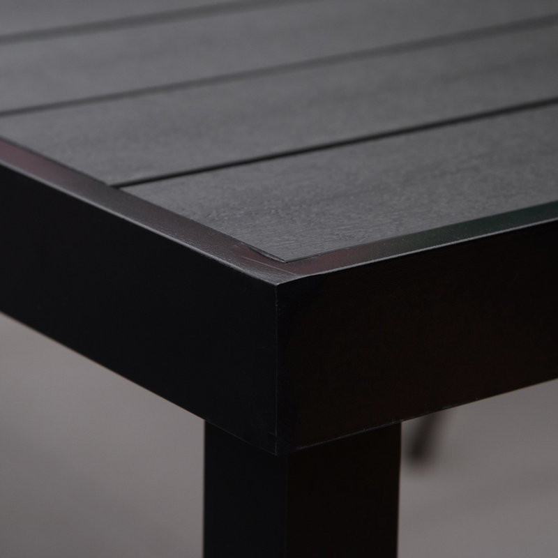Table de salle à manger d'extérieur 75 po x 35 po pour 8 personnes, structure en aluminium noir avec plateau en faux bois, 8 personnes convenant à une utilisation sur la pelouse, construction rectangulaire imperméable, noir, jardin adapté
