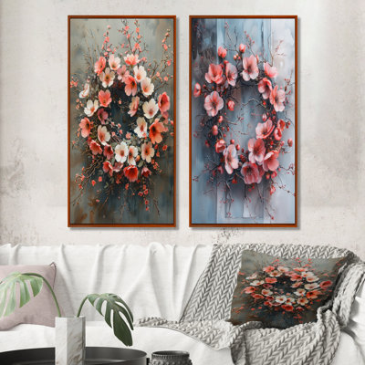 Pink Whispers Of Spring Wreath I - Wreath Wall Art 2 Pieces Set