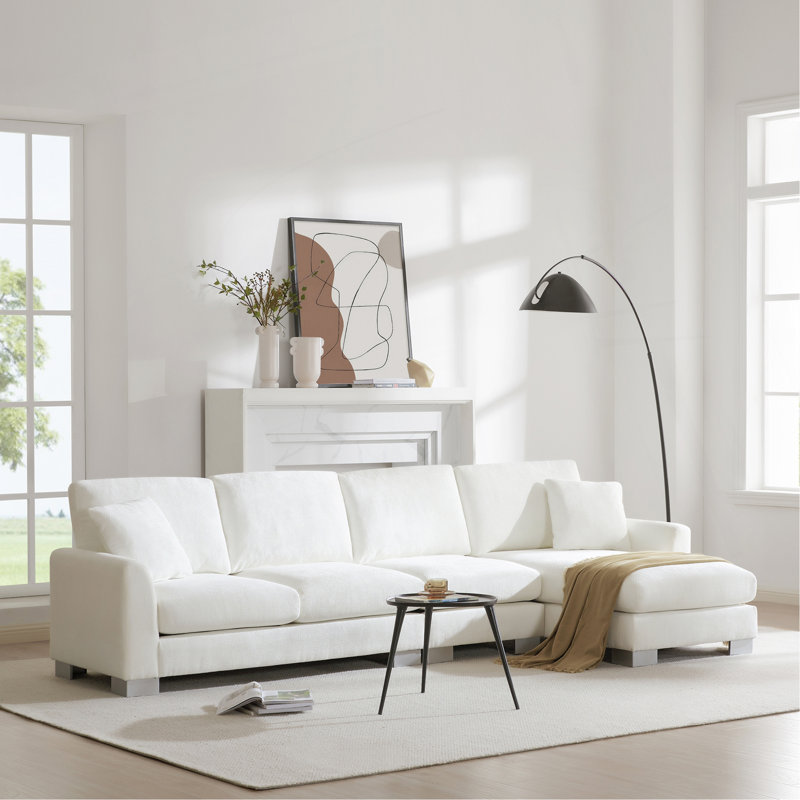 Emerton Modern Oversized Sectional Sofa, White Chenille