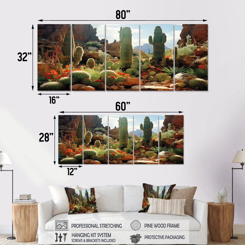 «Green Cactus Bloom In Nevada - Cactus», art mural 5 pièces, H 28 po x l 60 po