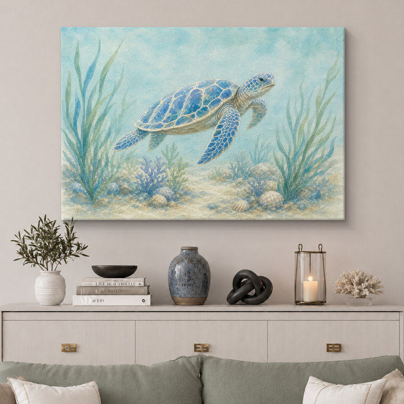 «Blue Sea Turtle», reproduction d'art sur toile encadrée, impression sur toile encadrée, H 32 po x l 48 po x P 1,5 po