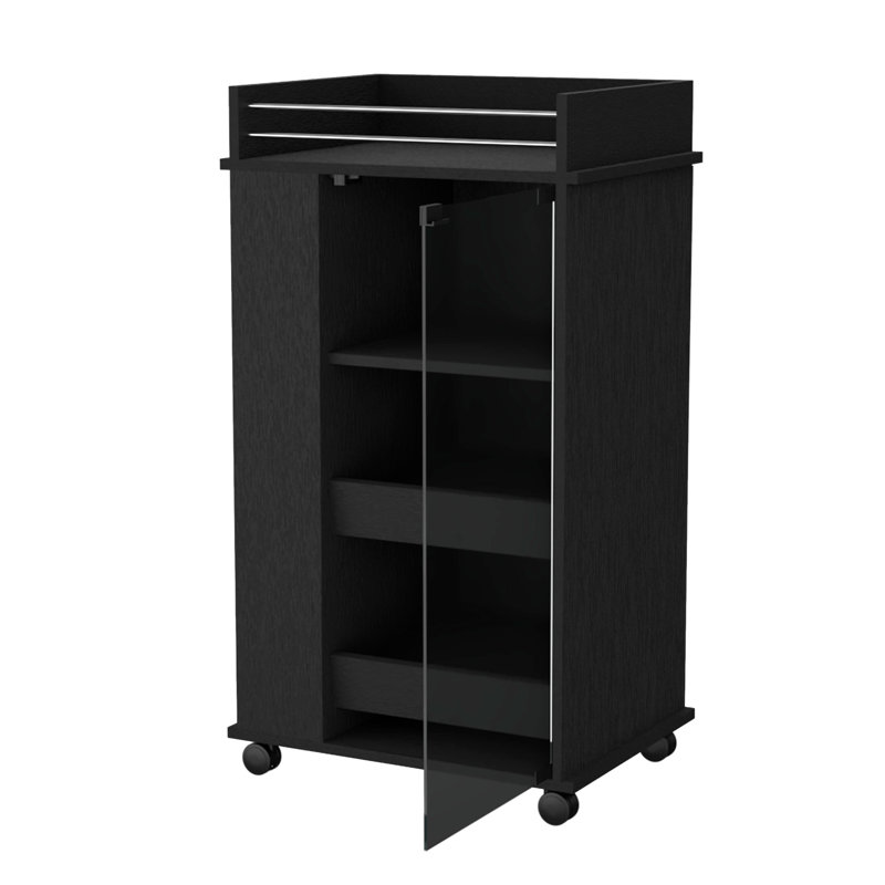 Lusk Bar Cart with Shelf for 2 Bottles, Glass Door, and Swivel Wheels, Black