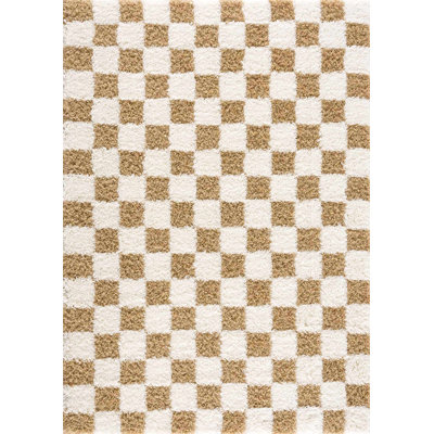 Atiran Checkered Plush Pile Brown Area Rug