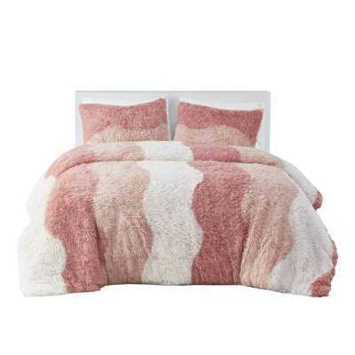 3 Pcs Blush Multi Ombre Shaggy Faux Fur Duvet Cover , Soft And Machine Washable Bedding With 2 Shams Washable, Inner Ties