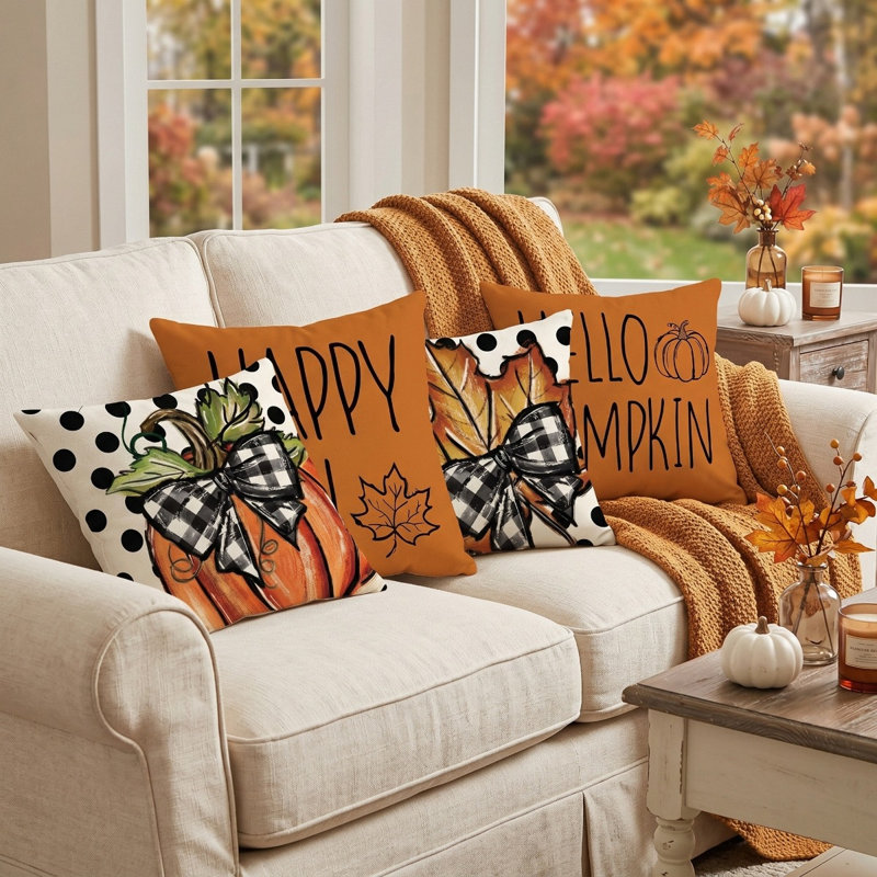 4Pcs Fall Polka Dot Pumpkin Pillow Covers