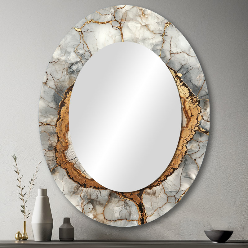 Glissade en bois dans la forêt du lac blanc doré - Grand miroir mural ovale sur métal, 43 po x 33 po