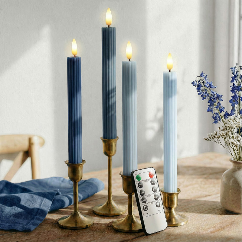 Blue Dawn 4 Pack Set, 10" LED Flameless Fluted Ribbed Grooved Taper Candles, Remote & Timer Memory, On/Off Button, Dimmable, Battery Operated, Menorah Wedding