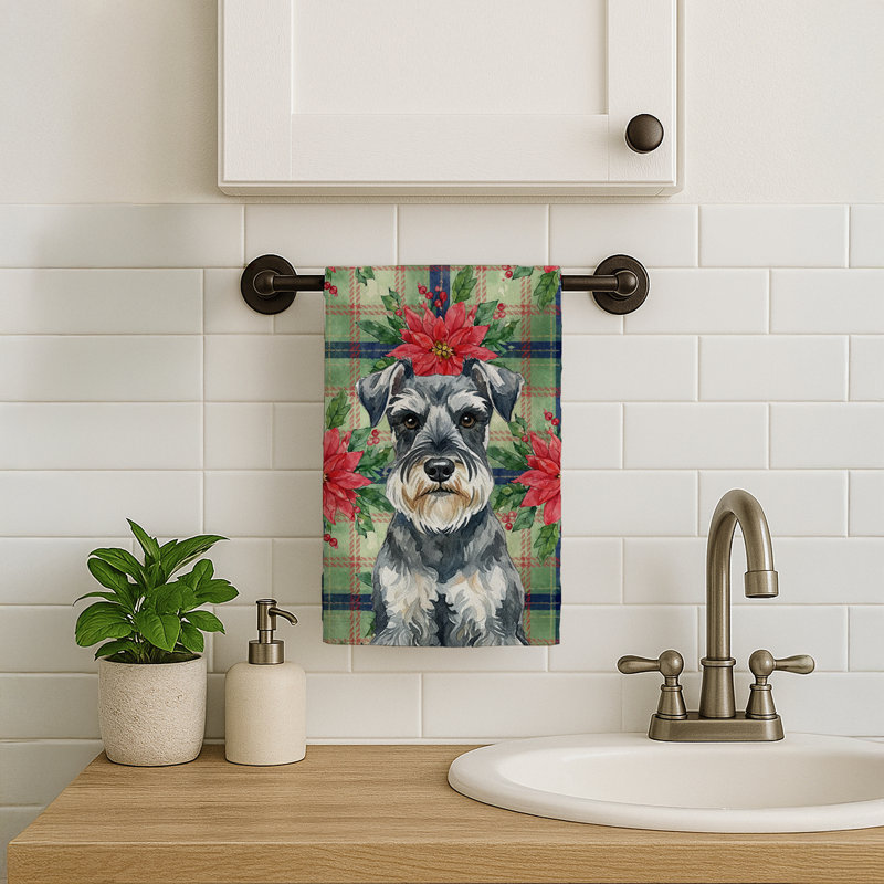 Schnauzer Christmas PoinsettIas Kitchen Towel, Gray Schnauzer