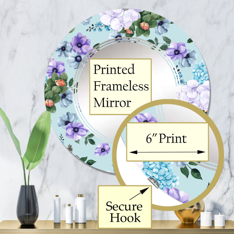 Miroir mural blanc et orange à motif de fleurs rondes sur fond bleu clair, 32 po x 32 po
