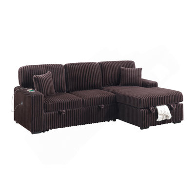 Modern Style 2Pc Convertible Sectional Pull Out Sofa Fold Down Table Cup Holder USB Port Storage Chaise Matching Pillow Coffee Finish Primary Living Room