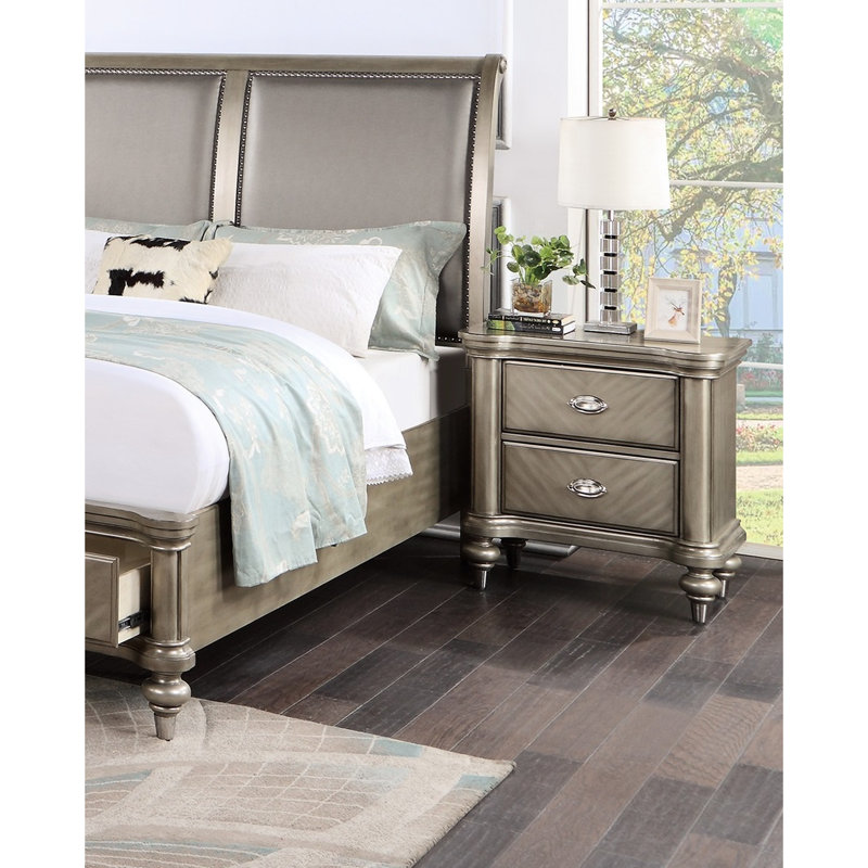 Table de chevet de finition argentée pour chambre à coucher - Table de chevet avec 2 tiroirs