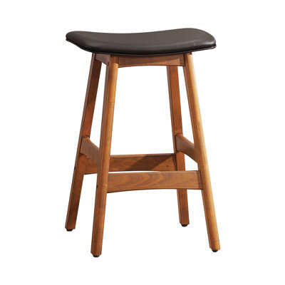 Solid Wood Walnut Finish Counter Height Stools Set Of 2 Faux Leather Seat Mid-Century Modern Barstools Kitchen Dining Furniture