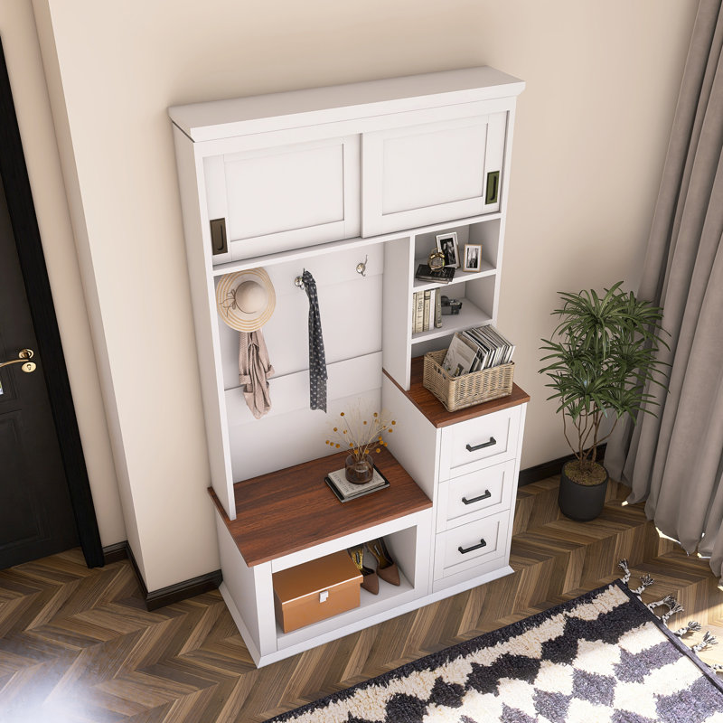 Modern Hall Tree With Bench, Coat Rack And Drawers, White