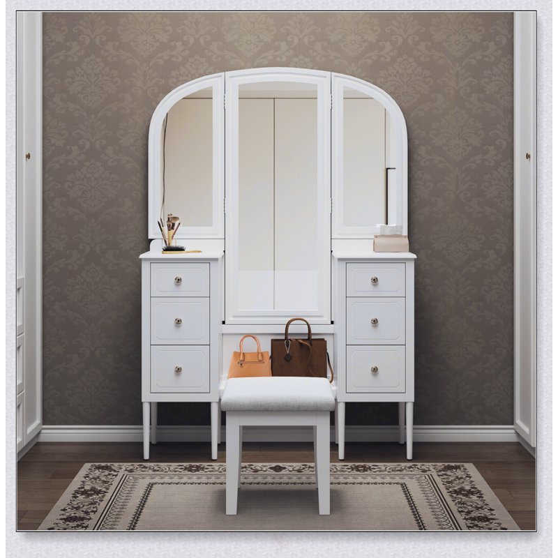Antique White Makeup Vanity Desk With Triple Mirror, 6-Drawer Dressing Table Set Including Stool And Full Length Mirror For Bedroom