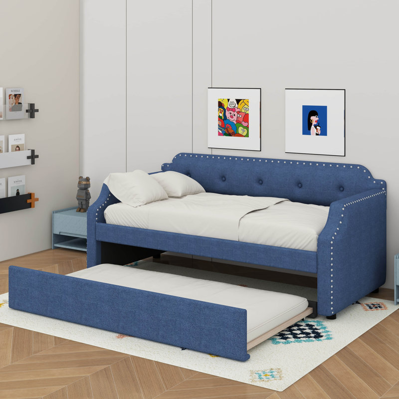 Twin Upholstered Daybed with Trundle, Linen Fabric Sofa Bed with Nailhead Trim, Wood Slat Support for Guest Room,Blue, Blue
