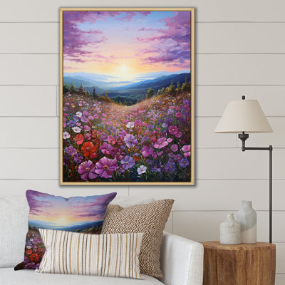 Champ de fleurs roses et mauves sur une impression sur toile