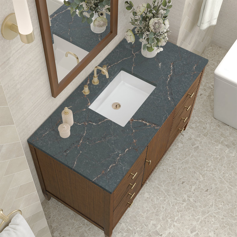 Myrrin 48'' Single Bathroom Vanity with Top, Mid-Century Walnut, Parisian Blue, 8" Widespread
